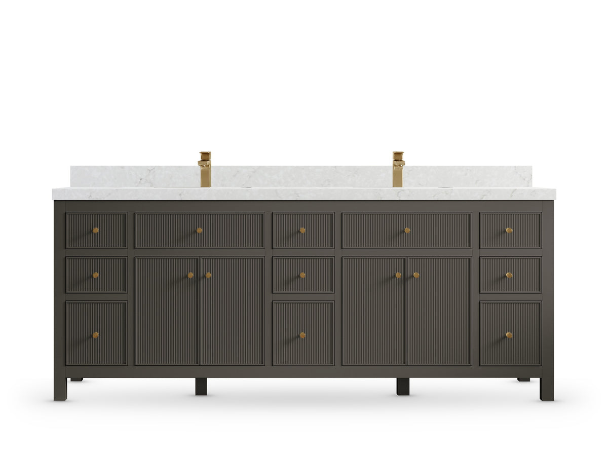 Sonoma 84 Urbane Bronze vanity with Frosty Carrara Quartz, Straight / Mitered, front view