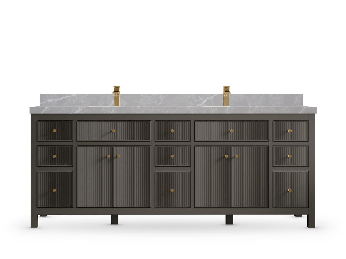 Sonoma 84 Urbane Bronze vanity with Pearl Light Gray Quartz, Straight / Mitered, front view