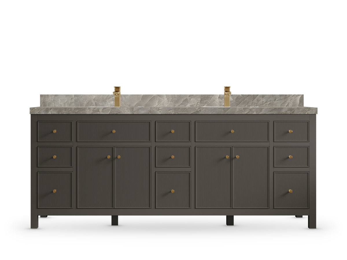 Sonoma 84 Urbane Bronze vanity with Tajmahal Quartzite, Straight / Mitered, front view