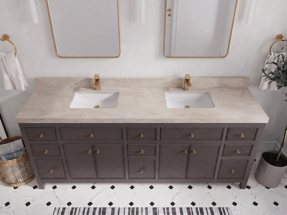 Sonoma 84 inch Urbane Bronze vanity with White Tajmahal Quartzite, Straight / Mitered, top view