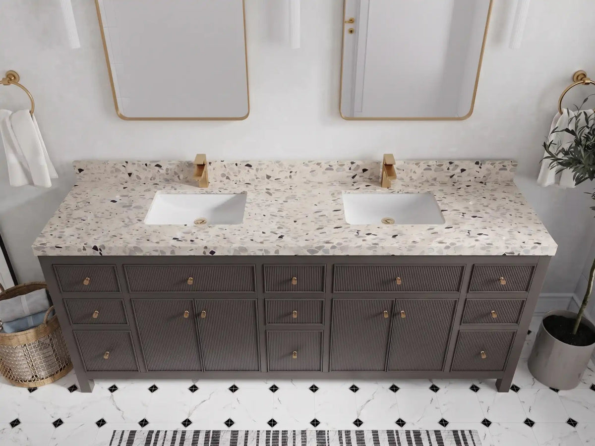 Sonoma 84 inch Urbane Bronze vanity with Terrazzo Golden Dusk, Straight / Mitered, top view