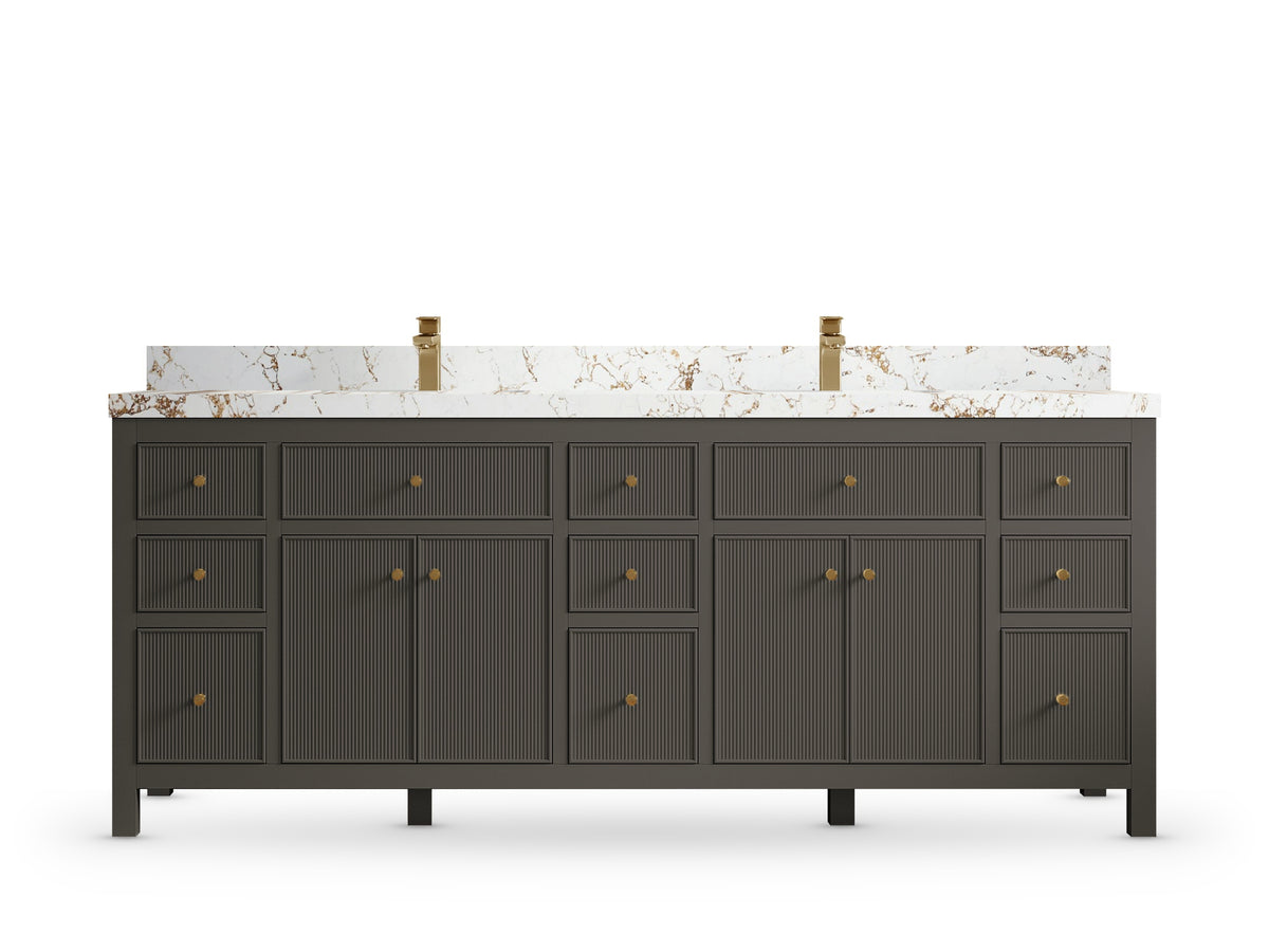 Sonoma 84 Urbane Bronze vanity with Viola Gold Quartz, Straight / Mitered, front view