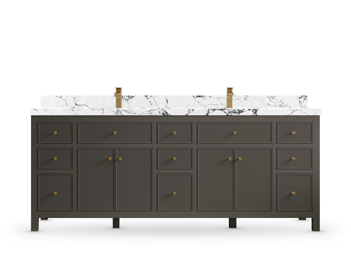 Sonoma 84 Urbane Bronze vanity with Viola Night Quartz, Straight / Mitered, front view