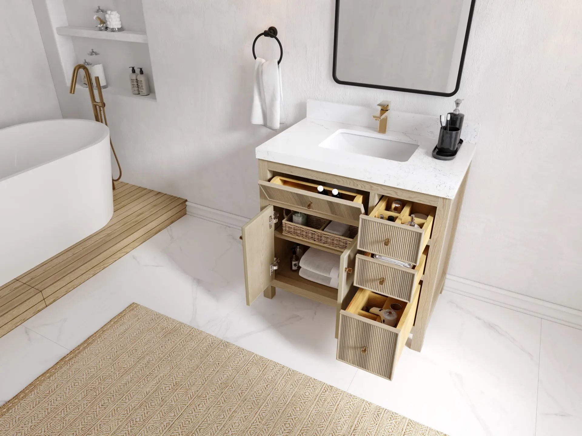 Sonoma Oak 36 in. W x 22 in. D Center Sink Bathroom Vanity in Dark Natural with countertop - Side View Open