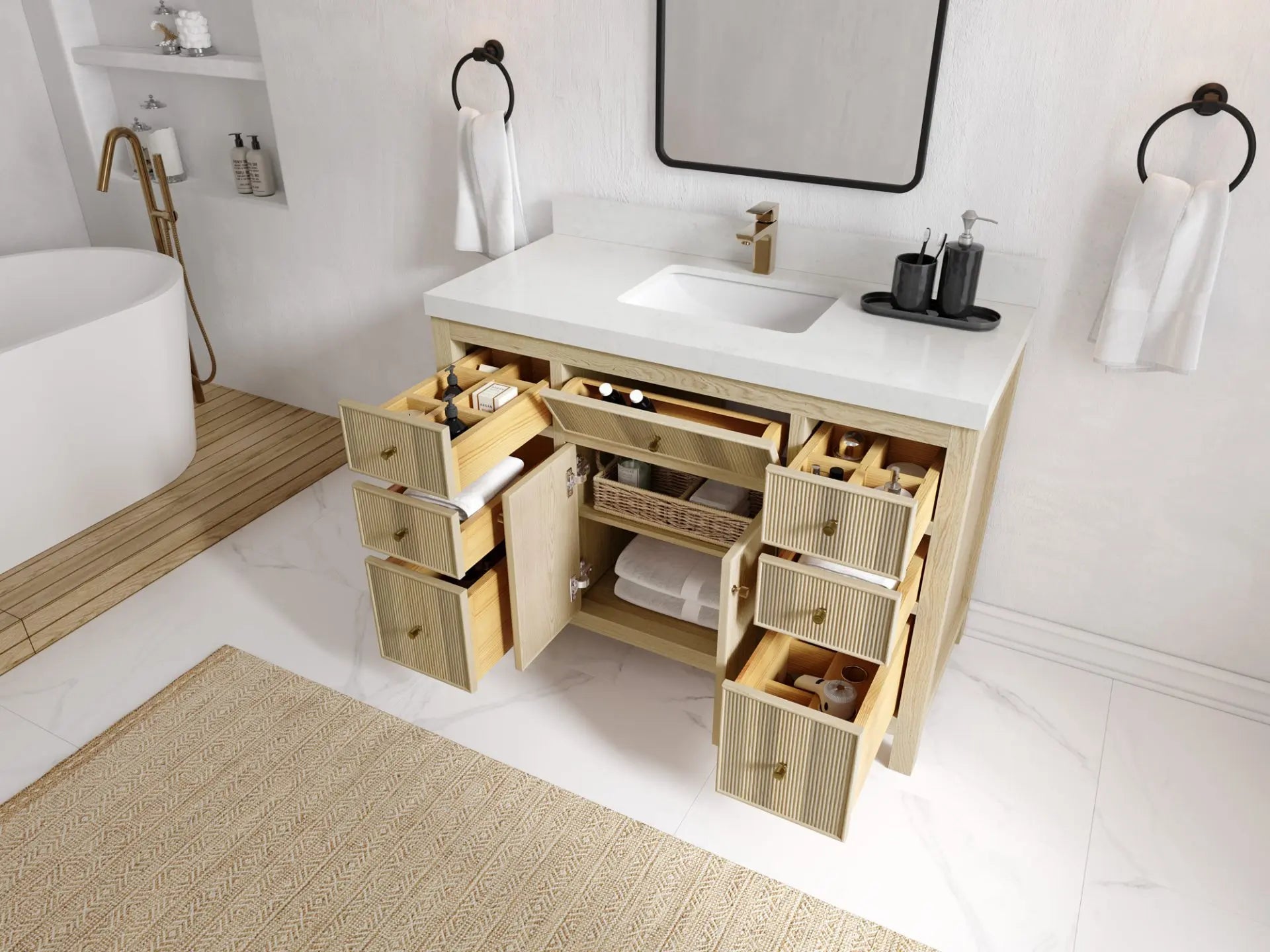 Sonoma Oak 48 in. W x 22 in. D Single Sink Bathroom Vanity in Dark Natural with countertop - Side View Open