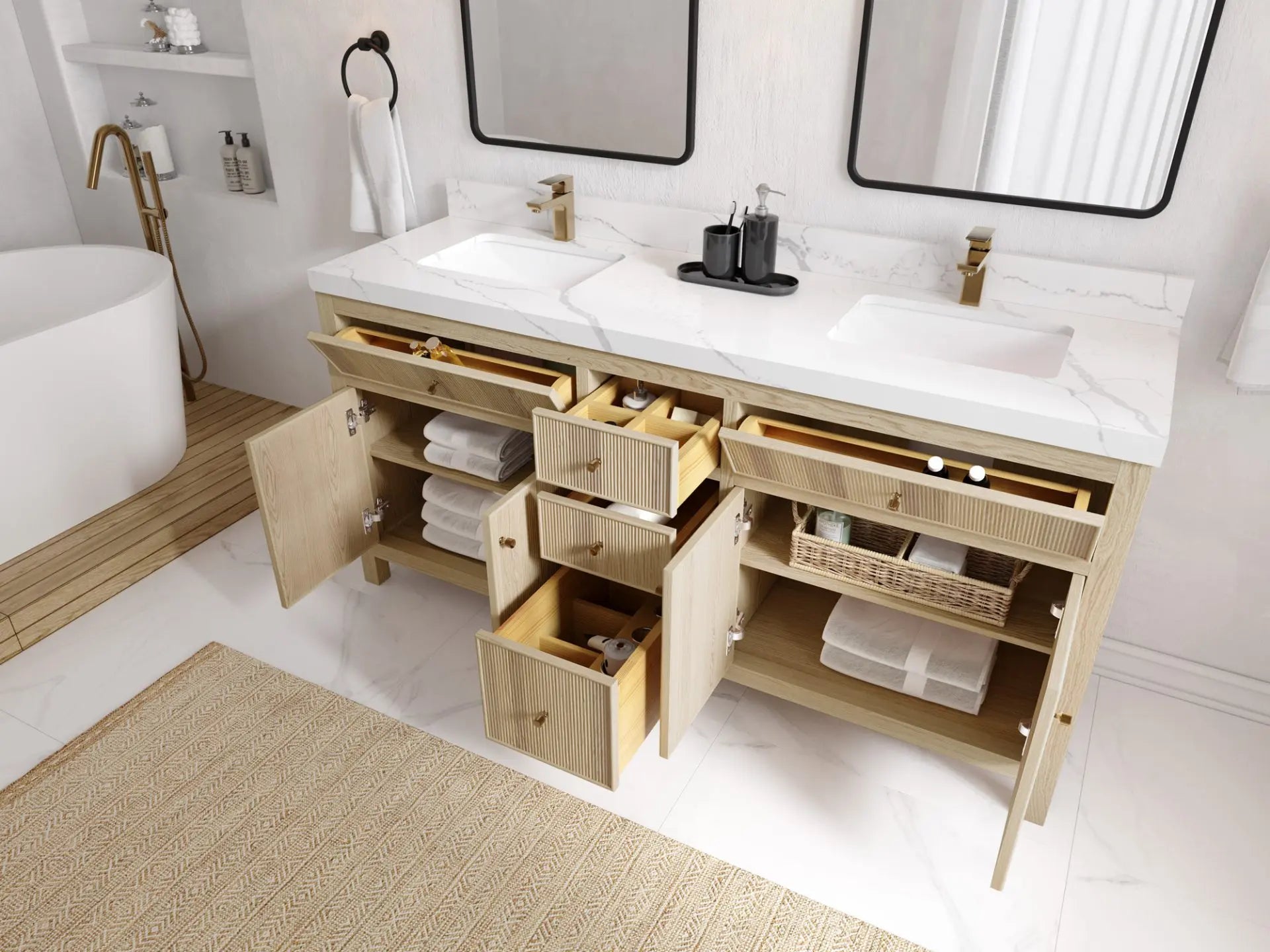 Sonoma Oak 72 in. W x 22 in. D Double Sink Bathroom Vanity in Dark Natural with countertop - Side View Open