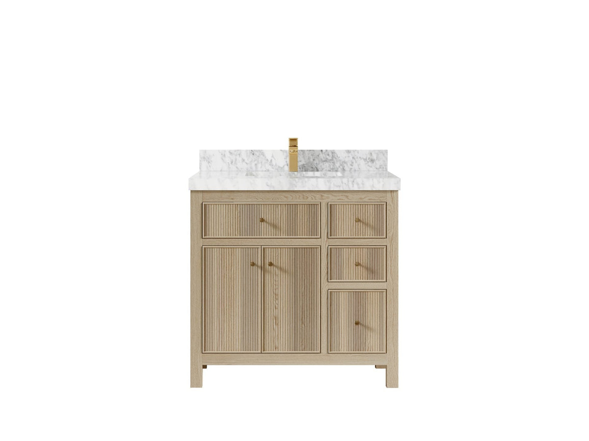 Sonoma Oak 36 in. W x 22 in. D Center Sink Bathroom Vanity in Dark Natural with 2 in. Carrara Marble Countertop