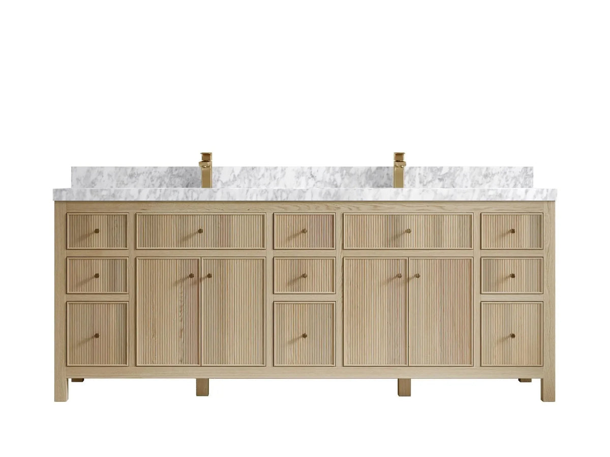 Sonoma 84 inch Nordic White Oak vanity with Carrara Marble, Straight / Mitered, front view