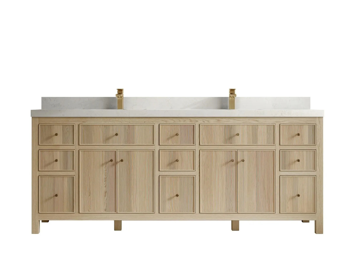 Sonoma 84 inch Nordic White Oak vanity with Carrara Quartz, Straight / Mitered, front view