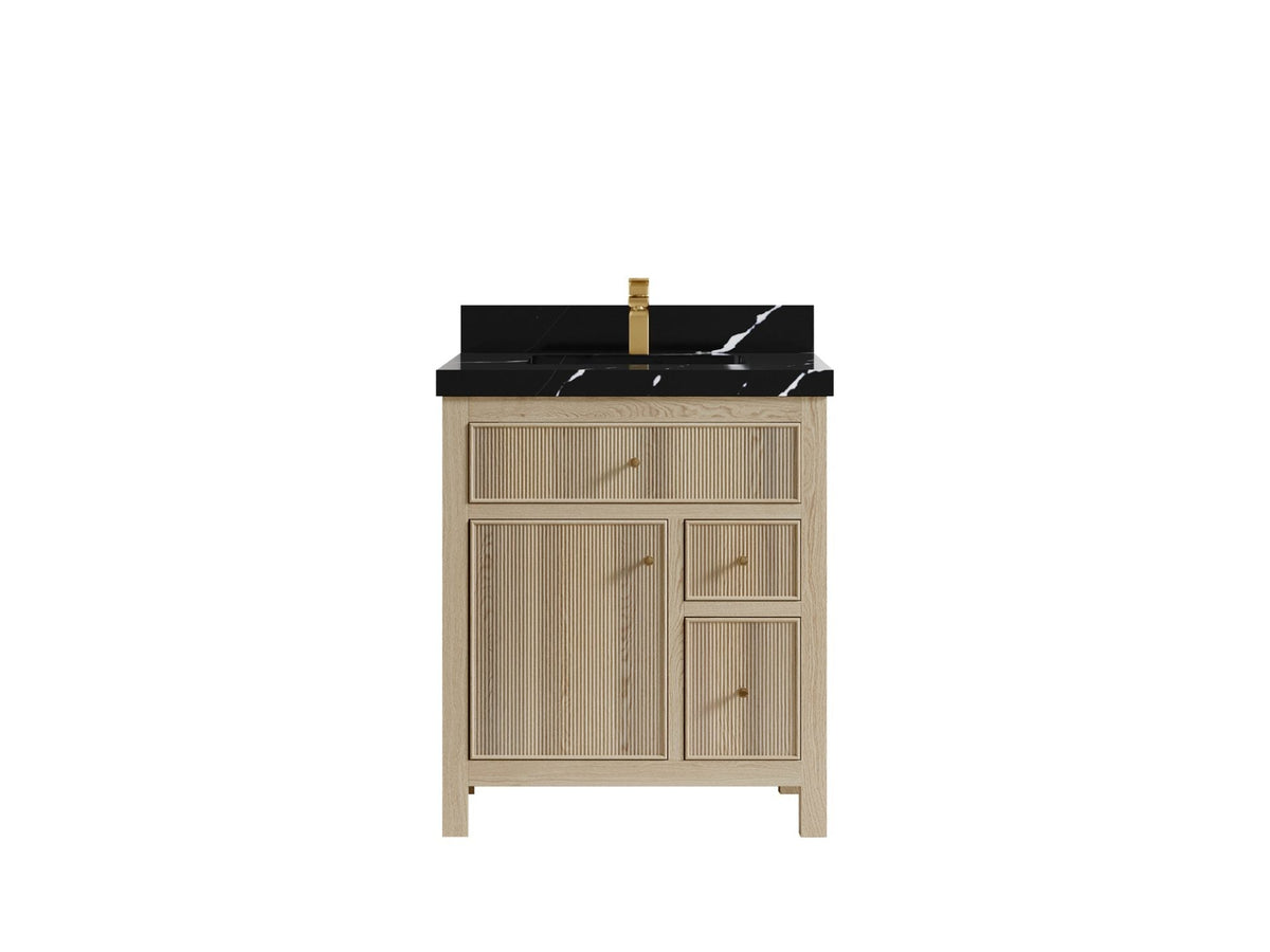Sonoma 30-inch reeded single-sink bathroom vanity in Nordic White Oak with Calacatta Black quartz countertop and gold faucet, front view