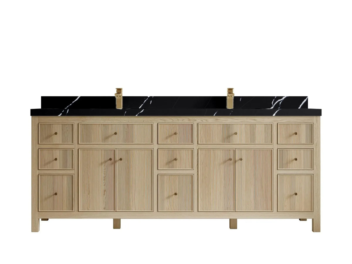 Sonoma 84 inch Nordic White Oak vanity with Calacatta Black Quartz, Straight / Mitered, front view