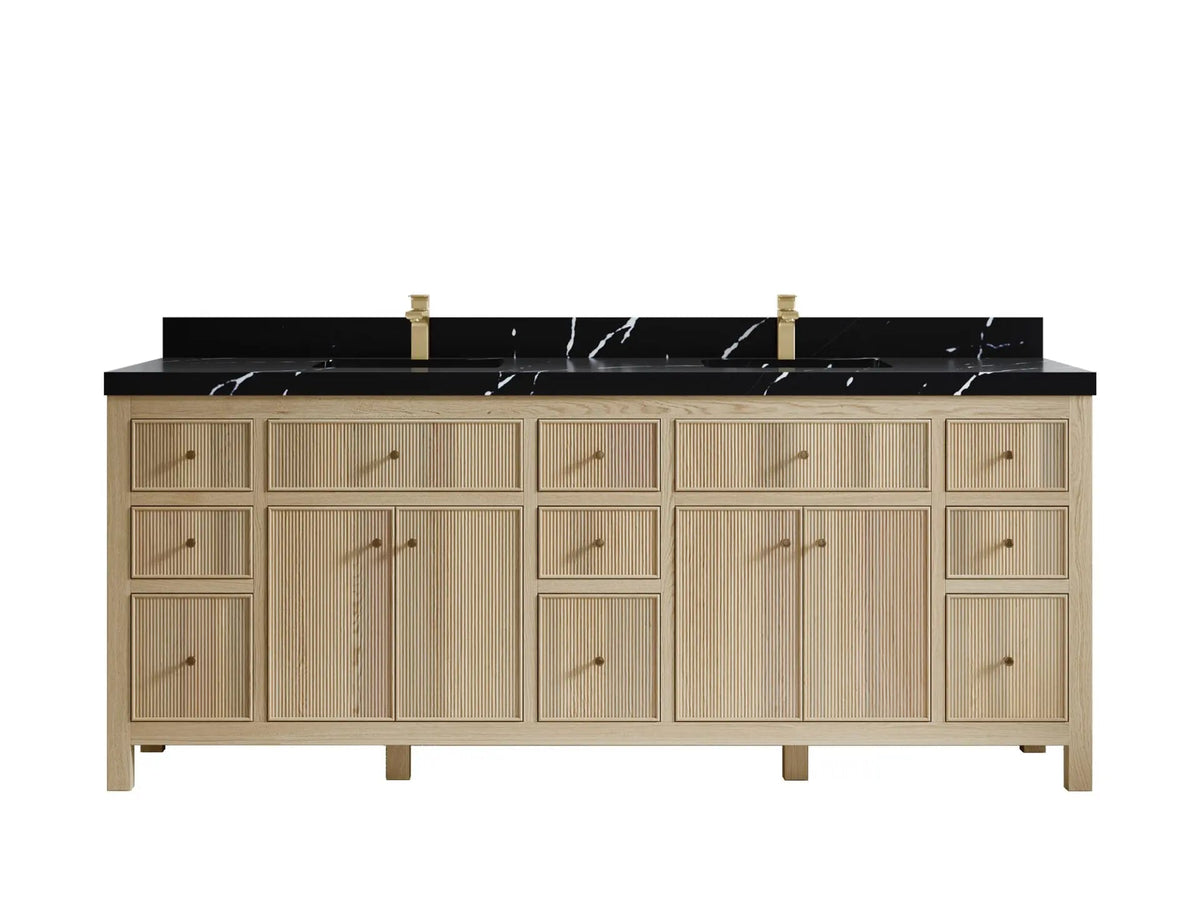 Sonoma Oak 84 in. W x 22 in. D Double Sink Bathroom Vanity in Dark Natural with 2 in. Calacatta Black Quartz Countertop