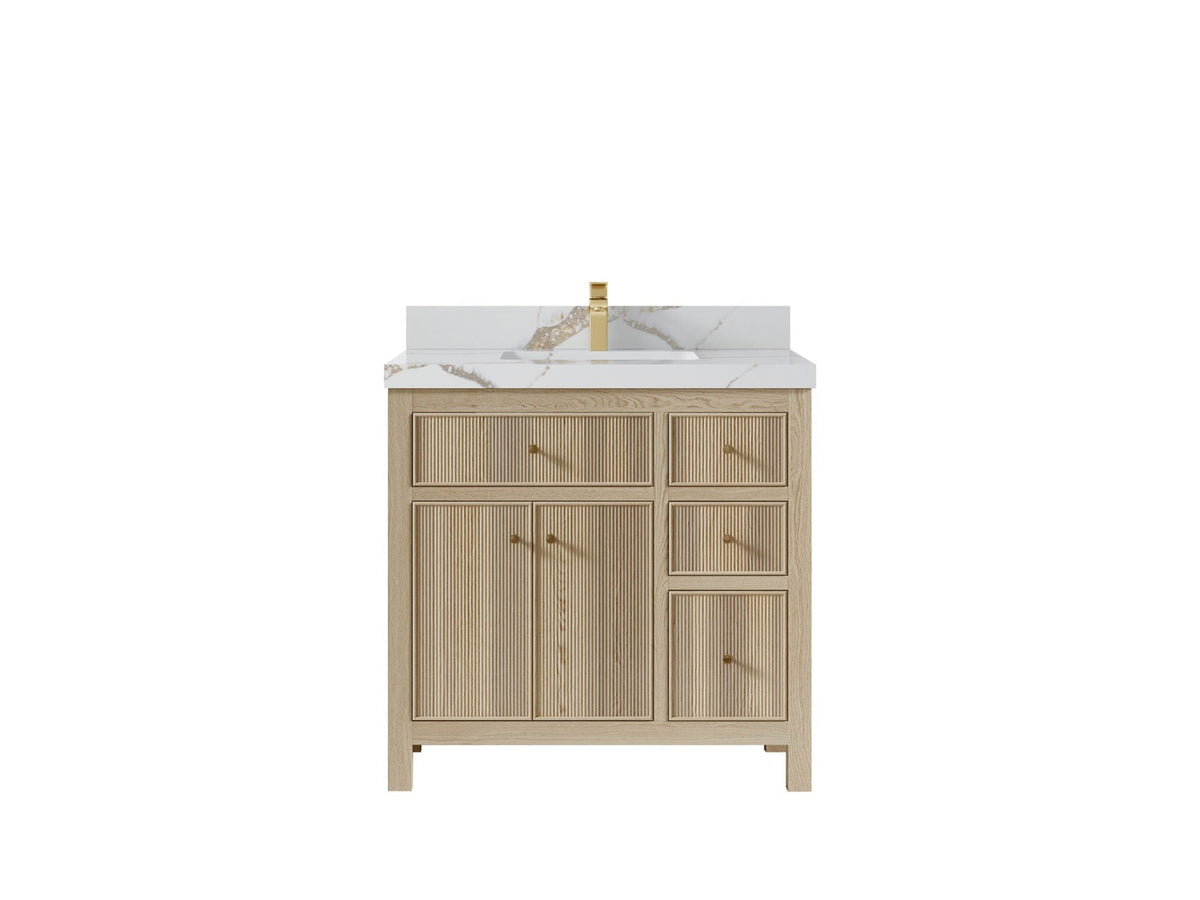 Sonoma Oak 36 in. W x 22 in. D Center Sink Bathroom Vanity in Dark Natural with 2 in. Calacatta Gold Quartz Countertop
