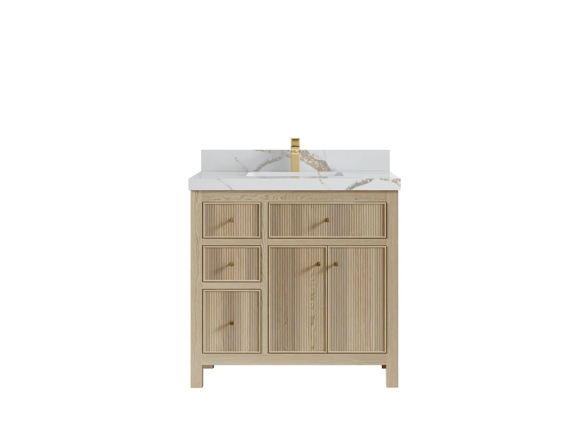 Sonoma Oak 36 in. W x 22 in. D Center Sink Bathroom Vanity in Dark Natural with 2 in. Calacatta Gold Quartz Countertop