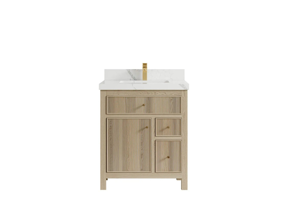 Sonoma 30-inch reeded single-sink bathroom vanity in Nordic White Oak with Calacatta Laza quartz countertop and gold faucet, front view