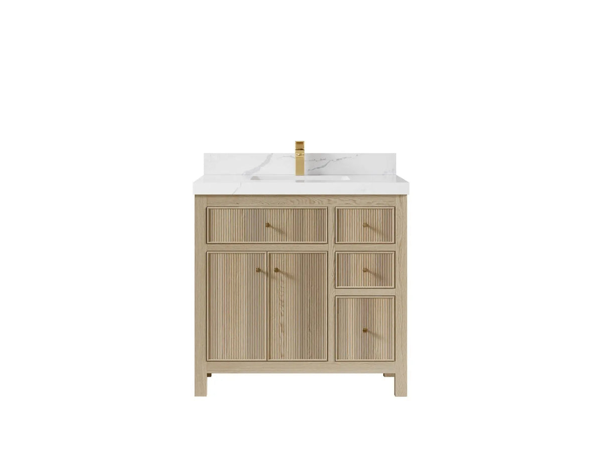 Sonoma Oak 36 in. W x 22 in. D Center Sink Bathroom Vanity in Dark Natural with 2 in. Calacatta Laza Quartz Countertop