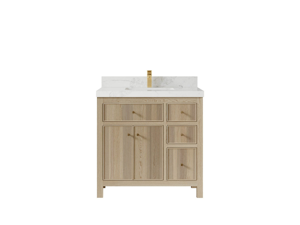 Sonoma Oak 36 in. W x 22 in. D Center Sink Bathroom Vanity in Dark Natural with 2 in. Calacatta Nuvo Quartz Countertop