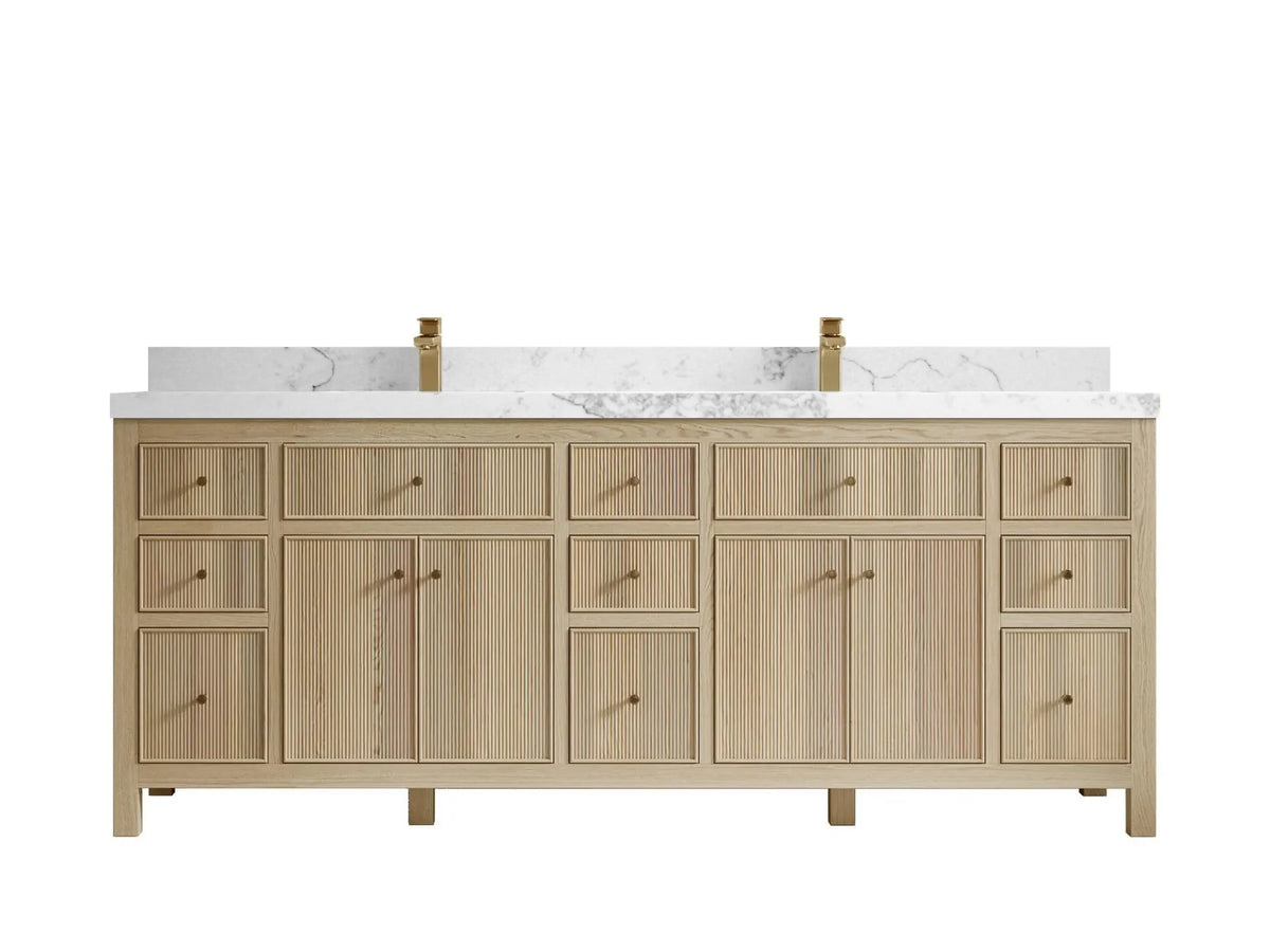 Sonoma 84 inch Nordic White Oak vanity with Calacatta Nuvo Quartz, Straight / Mitered, front view