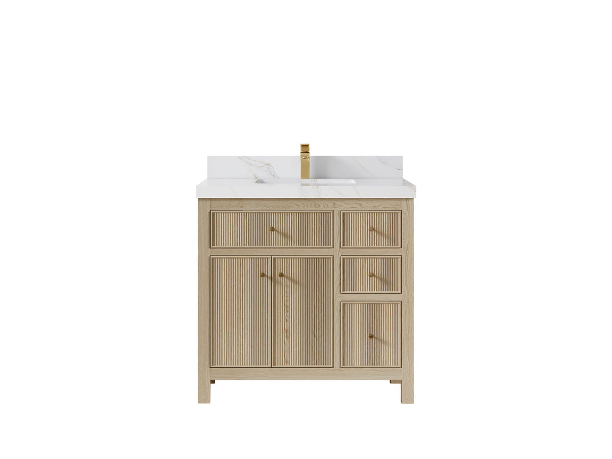 Sonoma Oak 36 in. W x 22 in. D Center Sink Bathroom Vanity in Dark Natural with 2 in. Calacatta Sienna Quartz Countertop