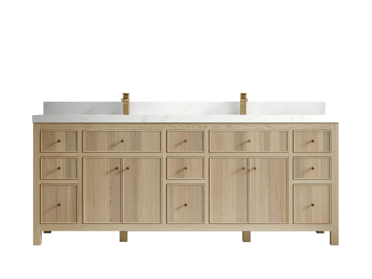 Sonoma 84 inch Nordic White Oak vanity with Calacatta Sienna Quartz, Straight / Mitered, front view