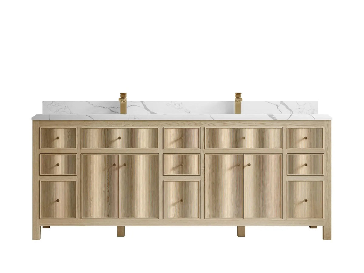 Sonoma 84 inch Nordic White Oak vanity with DC Calacatta Laza Quartz, Double Cove, front view