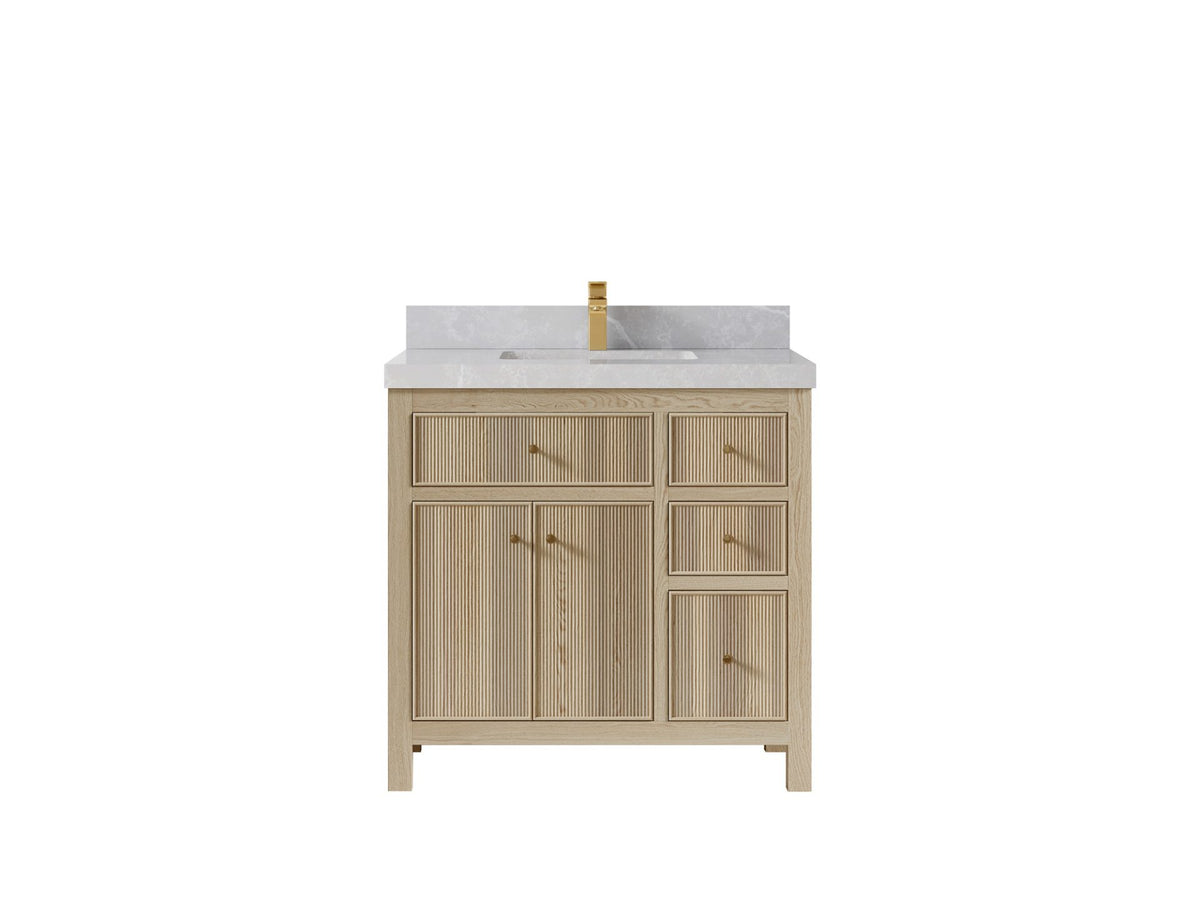 Sonoma Oak 36 in. W x 22 in. D Center Sink Bathroom Vanity in Dark Natural with 2 in. Pearl Light Gray Quartz Countertop