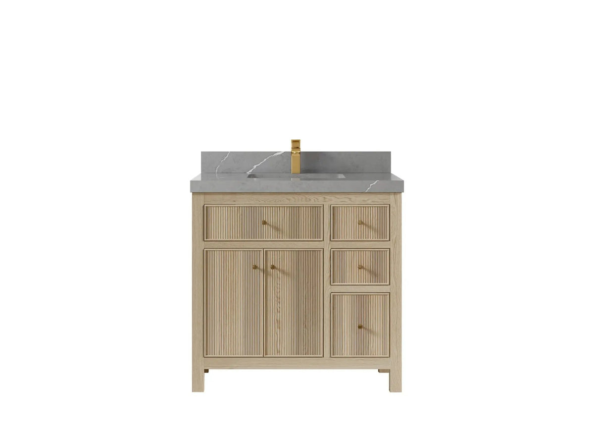 Sonoma Oak 36 in. W x 22 in. D Center Sink Bathroom Vanity in Dark Natural with 2 in. Viola Brown Quartz Countertop