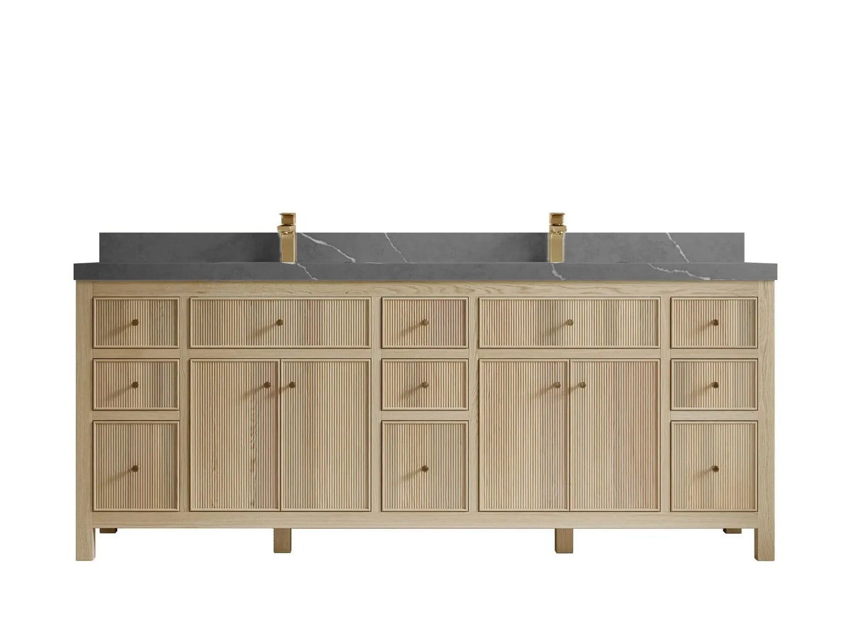 Sonoma 84 inch Nordic White Oak vanity with Piatra Gray Quartz, Straight / Mitered, front view