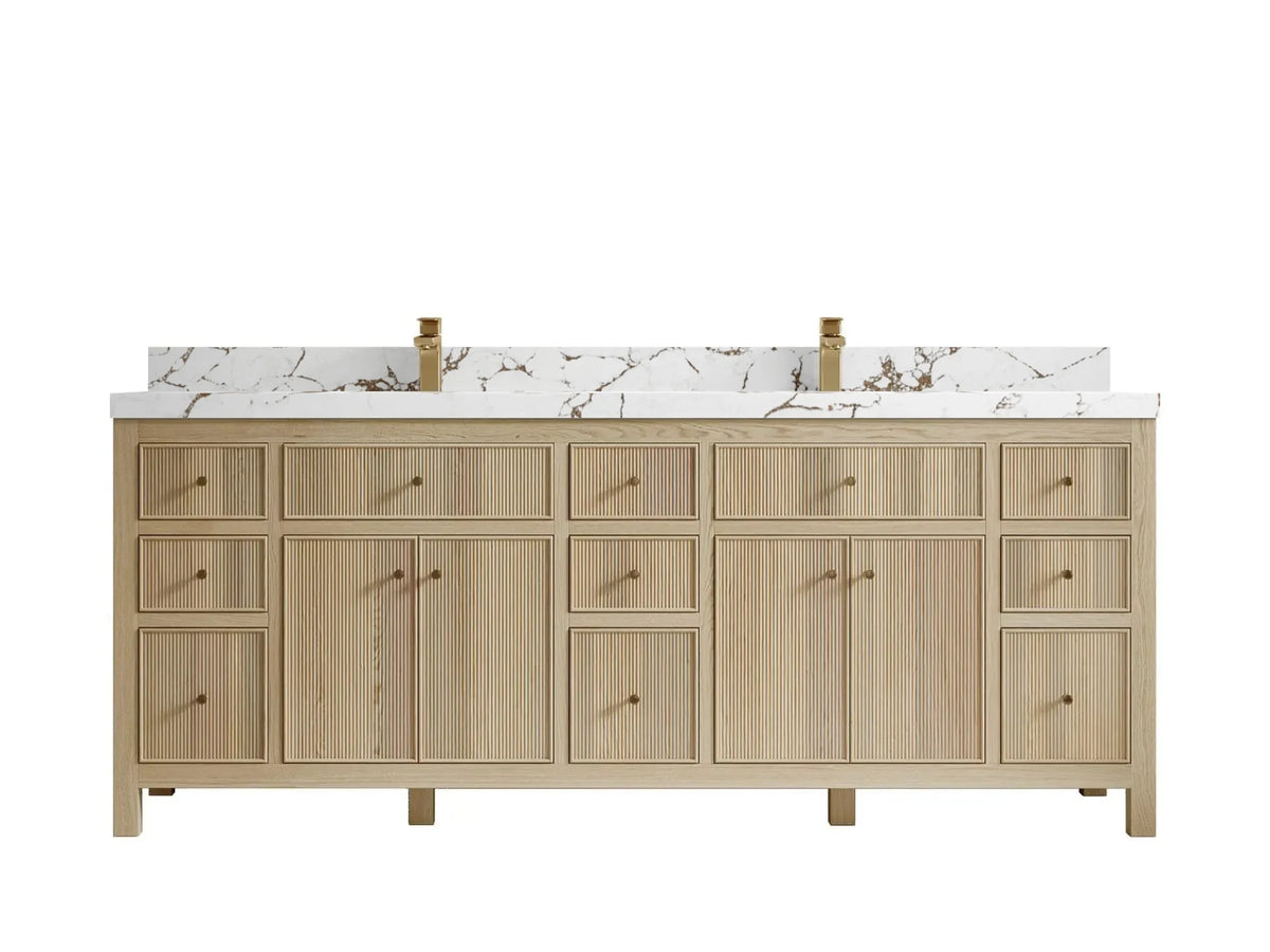 Sonoma 84 inch Nordic White Oak vanity with Viola Brown Quartz, Straight / Mitered, front view
