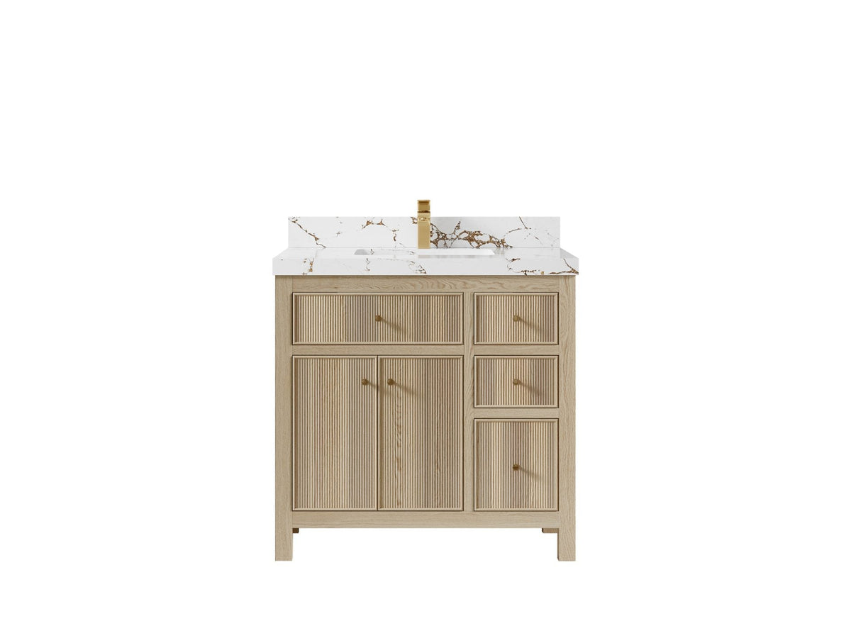 Sonoma Oak 36 in. W x 22 in. D Center Sink Bathroom Vanity in Dark Natural with 2 in. Viola Gold Quartz Countertop