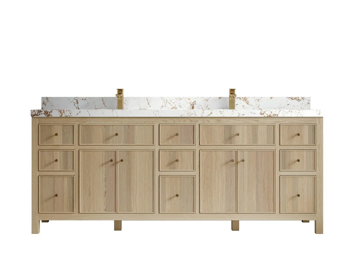 Sonoma 84 inch Nordic White Oak vanity with Viola Gold Quartz, Straight / Mitered, front view