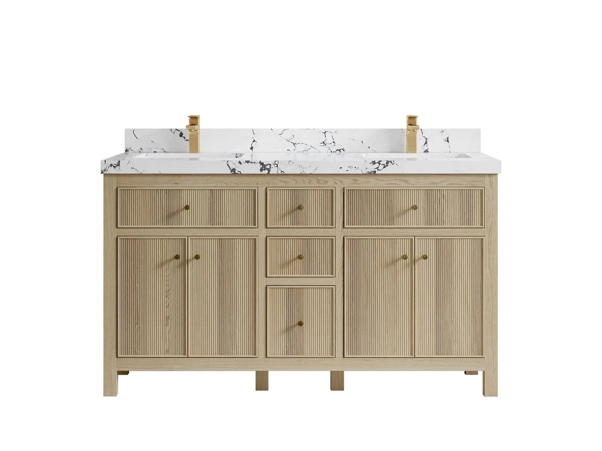 Sonoma Oak 60 in. W x 22 in. D Double Sink Bathroom Vanity in Dark Natural with 2 in. Viola Night Quartz Countertop