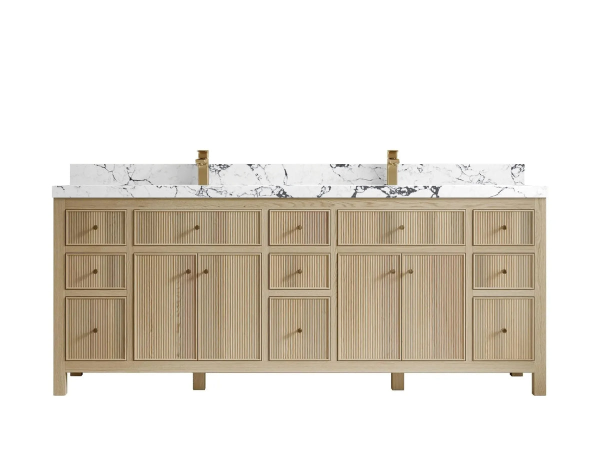 Sonoma 84 inch Nordic White Oak vanity with Viola Night Quartz, Straight / Mitered, front view