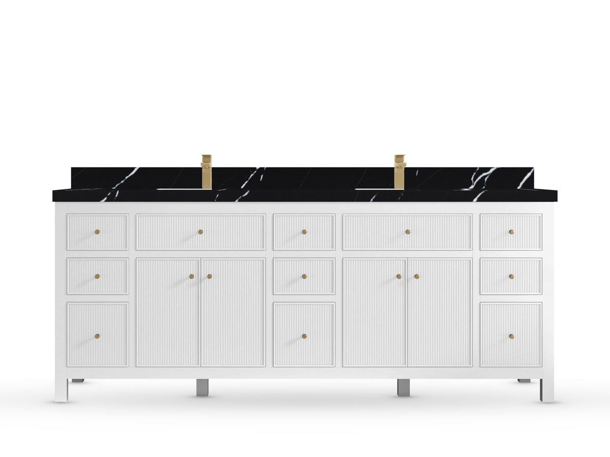 Sonoma84 White vanity with Calacatta Black Quartz, Straight / Mitered, front view