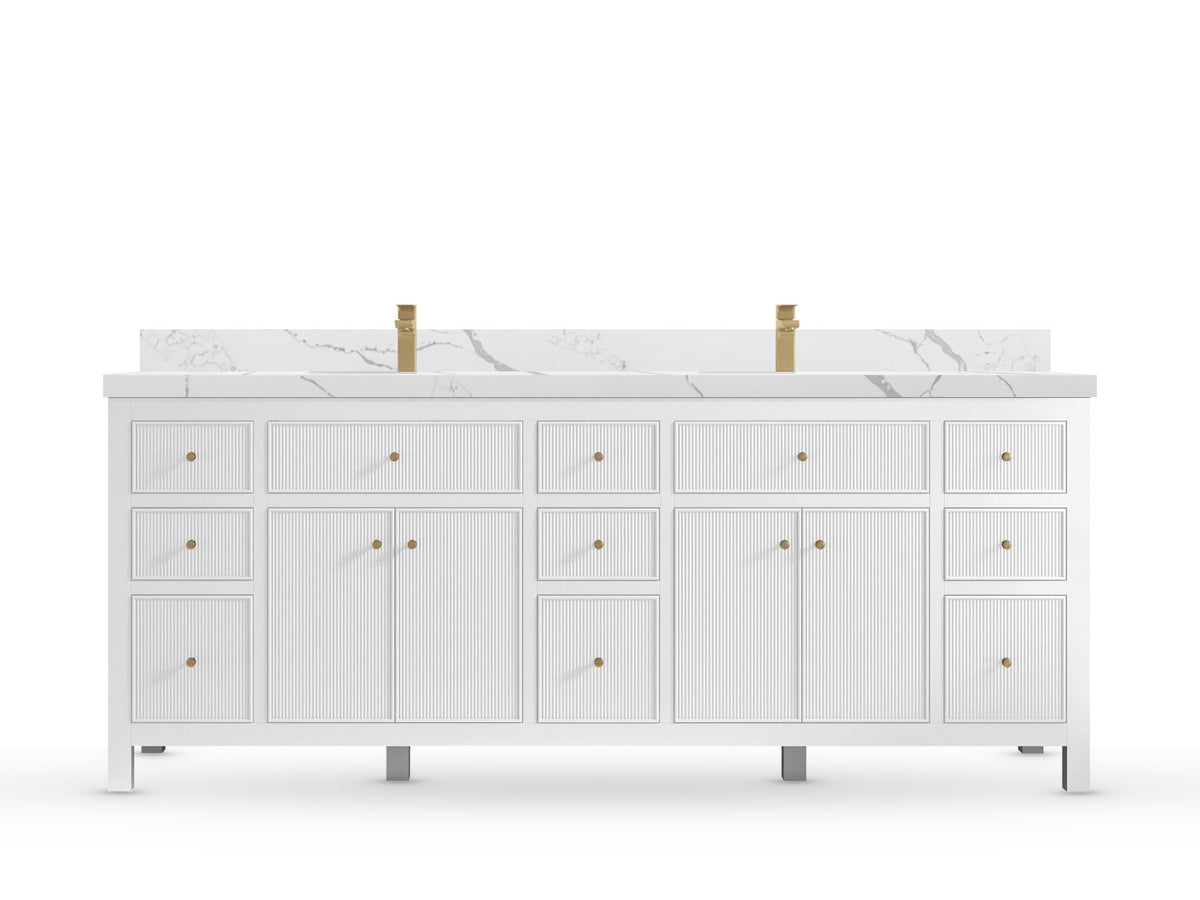Sonoma84 White vanity with Calacatta Laza Quartz, Straight / Mitered, front view