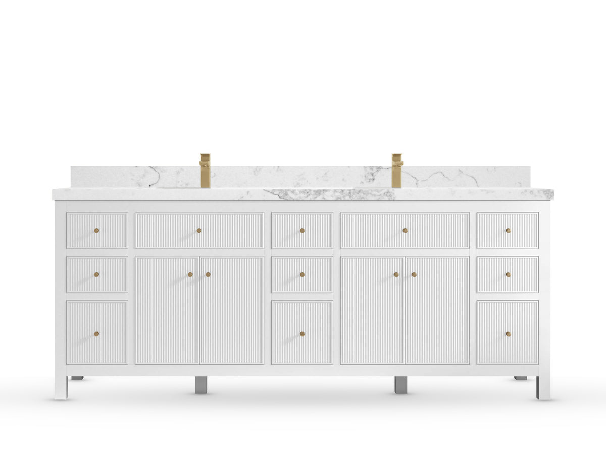 Sonoma84 White vanity with Calacatta Nuvo Quartz, Straight / Mitered, front view