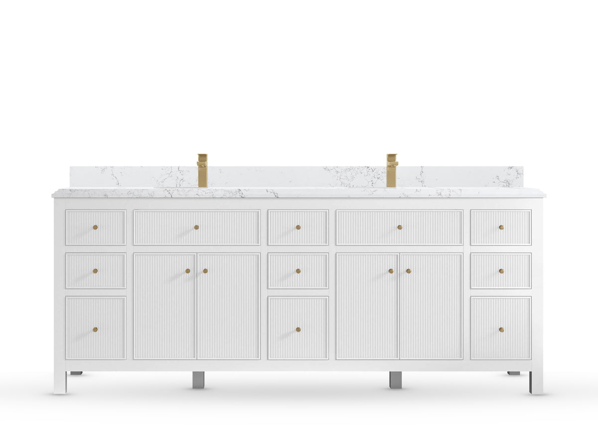 Sonoma84 White vanity with Empira Quartz, Double Cove, front view