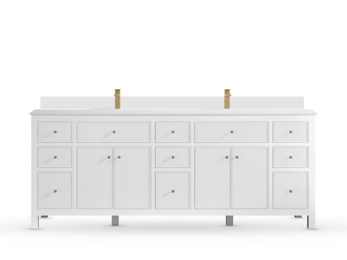 Sonoma84 White vanity with White Quartz, Double Cove, front view