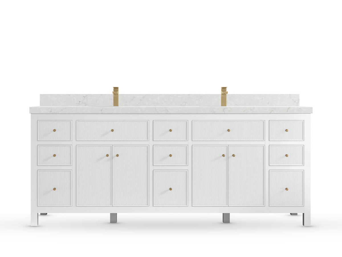 Sonoma84 White vanity with Frosty Carrara Quartz, Straight / Mitered, front view