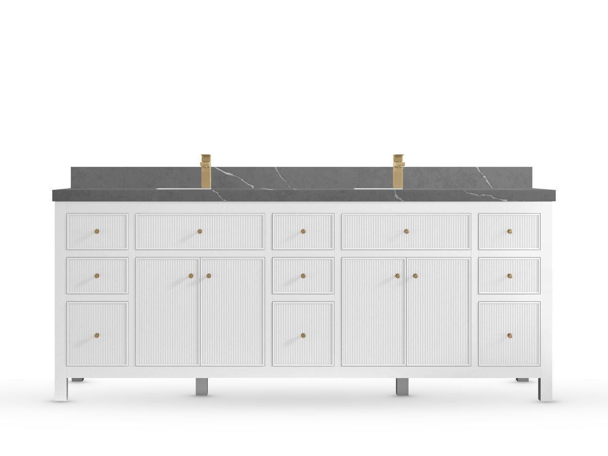 Sonoma84 White vanity with Piatra Gray Quartz, Straight / Mitered, front view