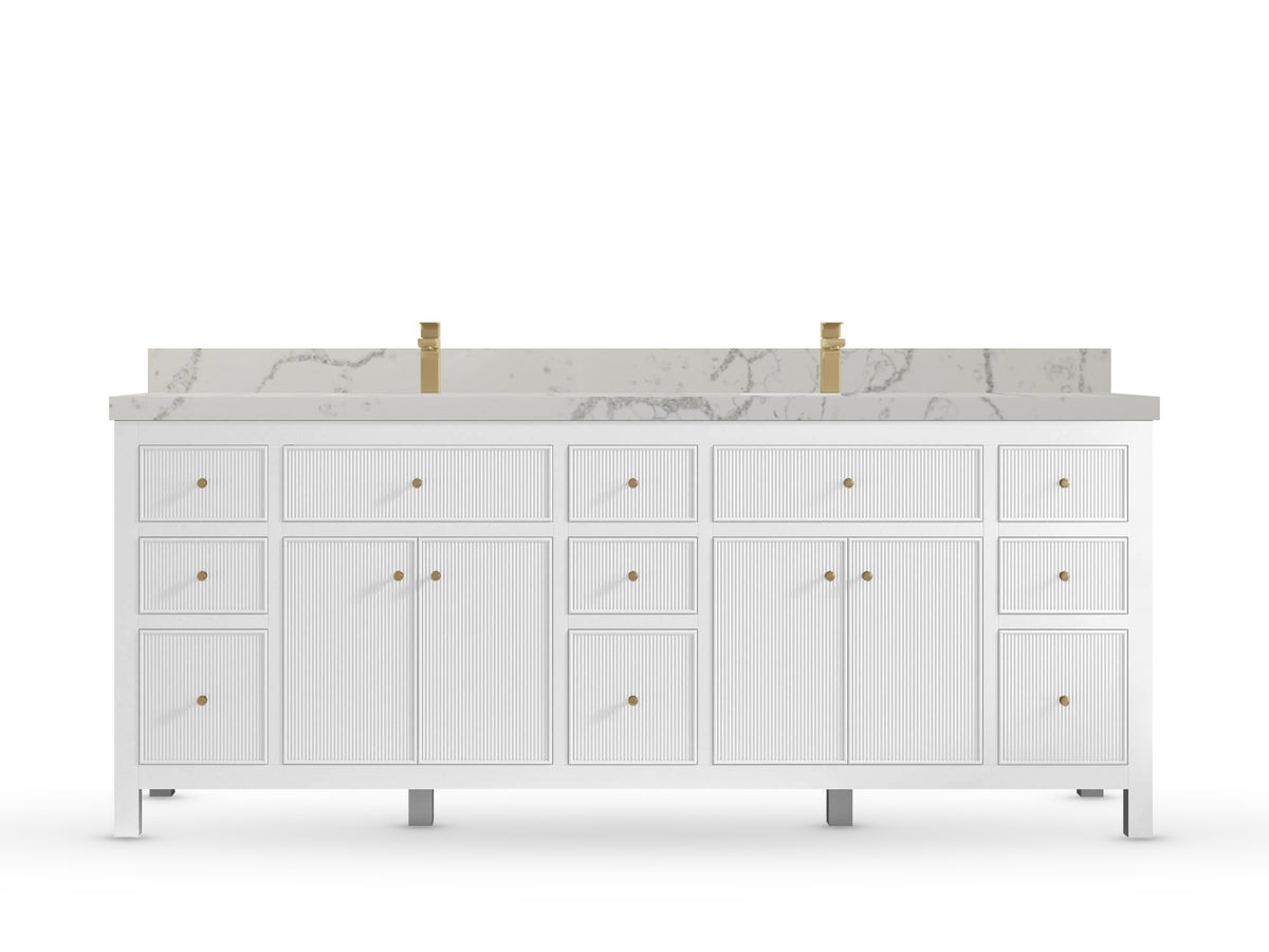 Sonoma84 White vanity with Venatino Quartz, Straight / Mitered, front view