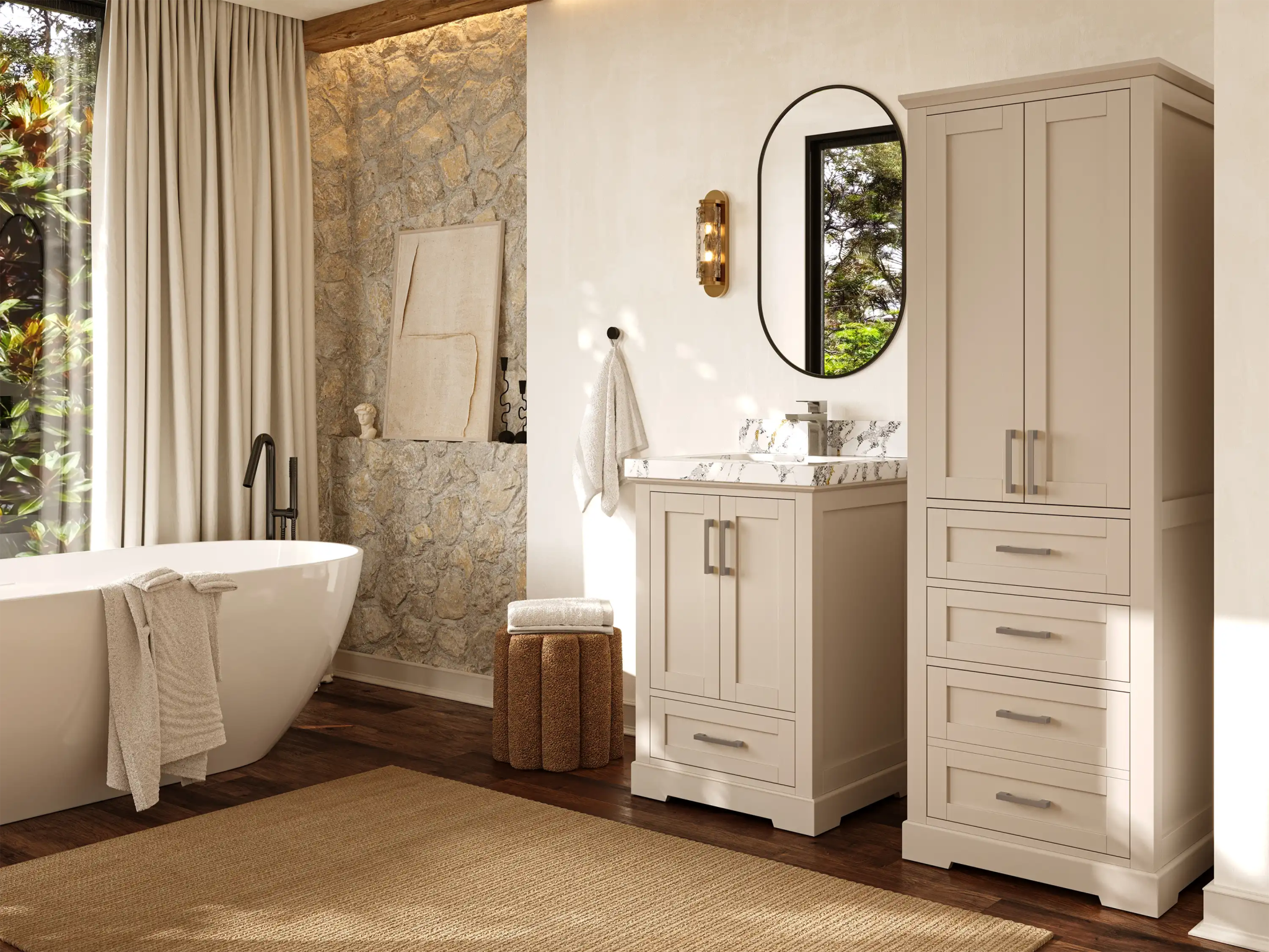 Boston 24-inch bathroom vanity with matching linen cabinet, angled bathroom view