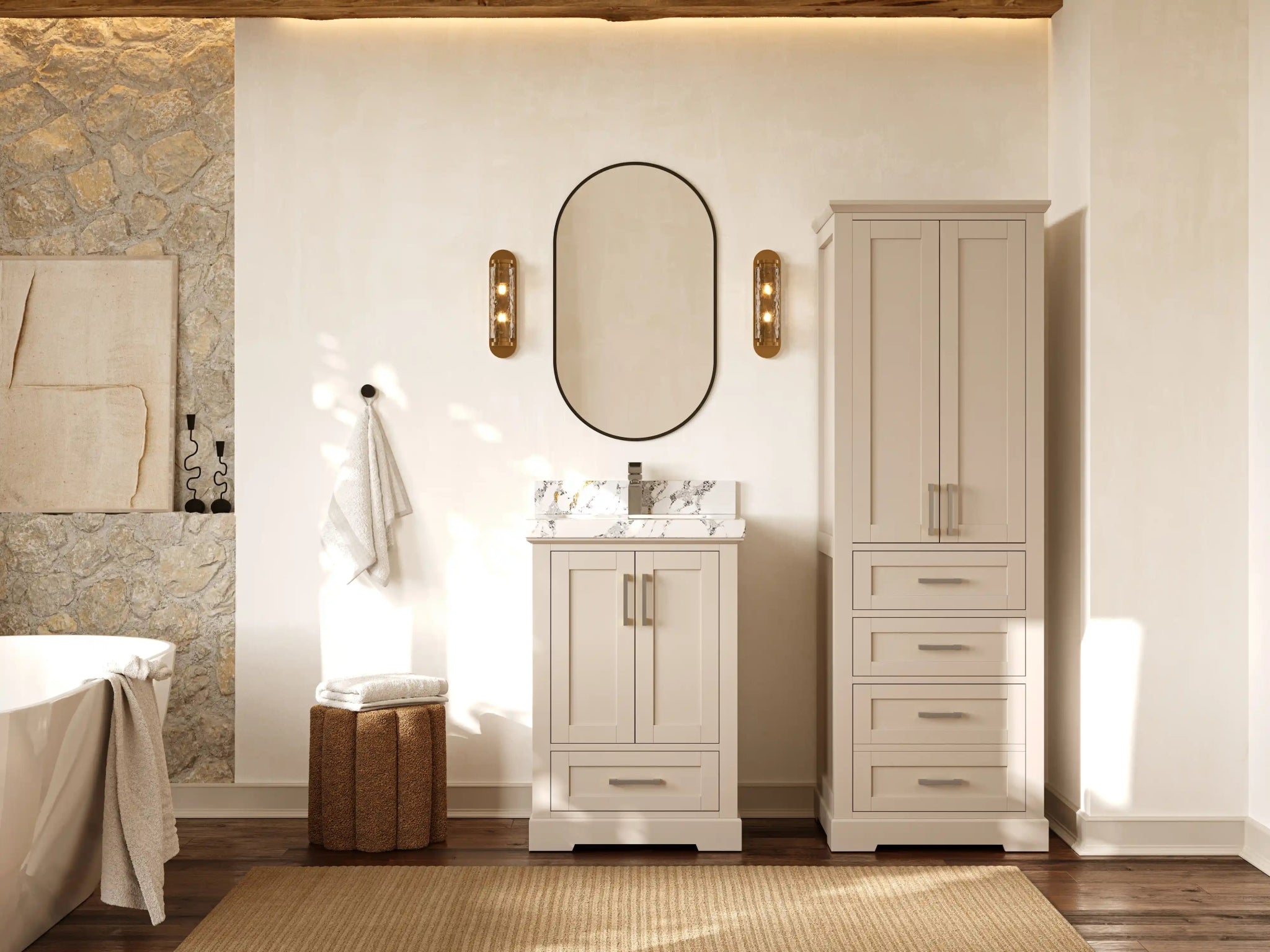 Boston 24-inch bathroom vanity with matching linen cabinet, front bathroom view