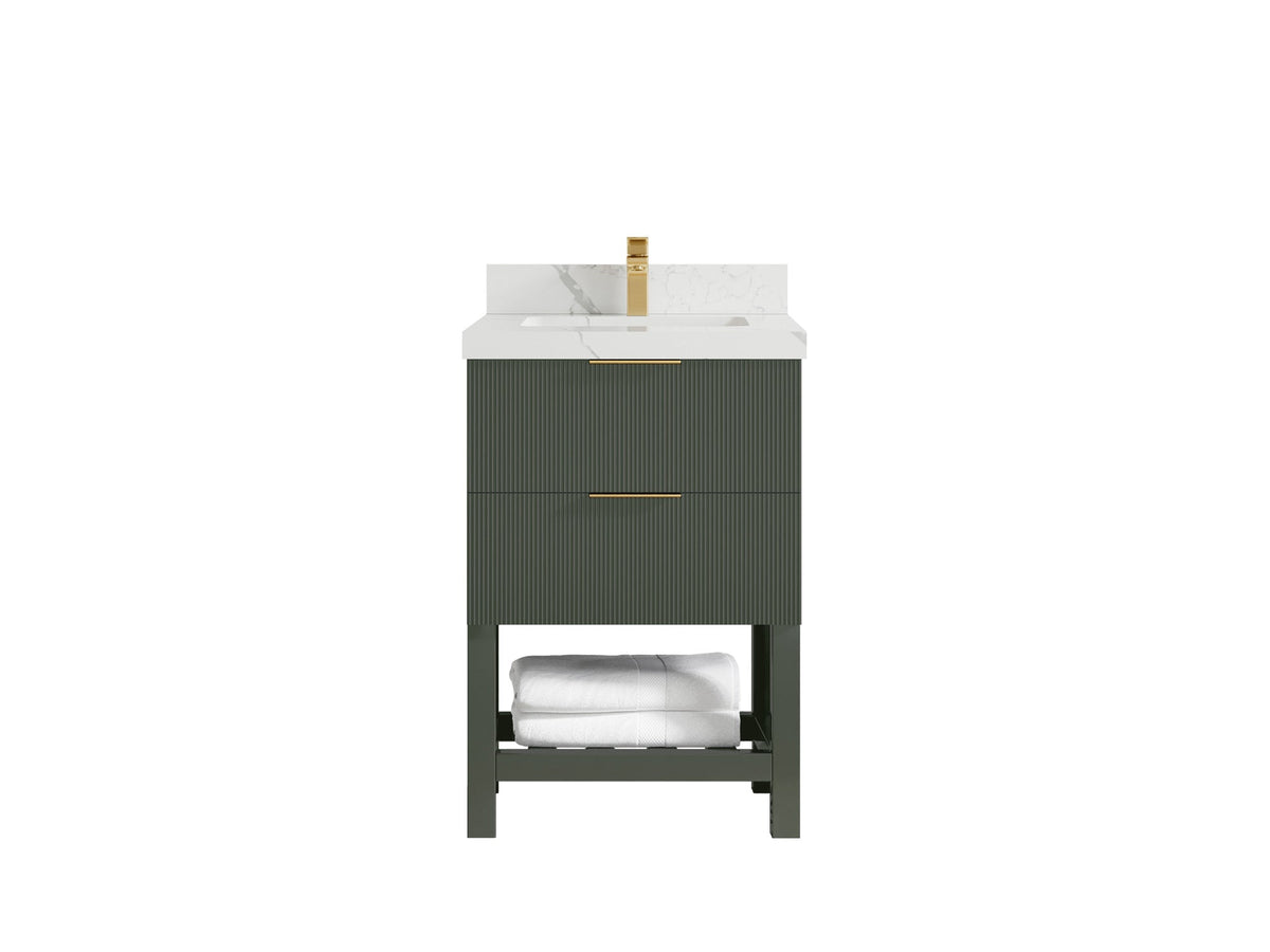 Catalina 24-inch bathroom vanity in deep green with a white countertop featuring bold gray veining, front view