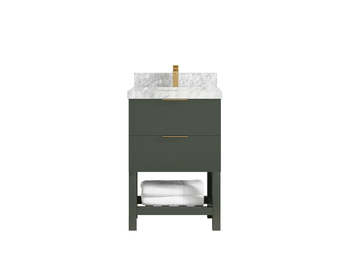 Catalina 24-inch bathroom vanity in deep green with a white countertop featuring a dense gray marble pattern, front view