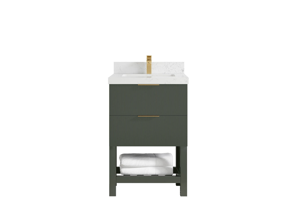 Catalina 24-inch bathroom vanity in deep green with a white countertop featuring scattered fine gray veining, front view