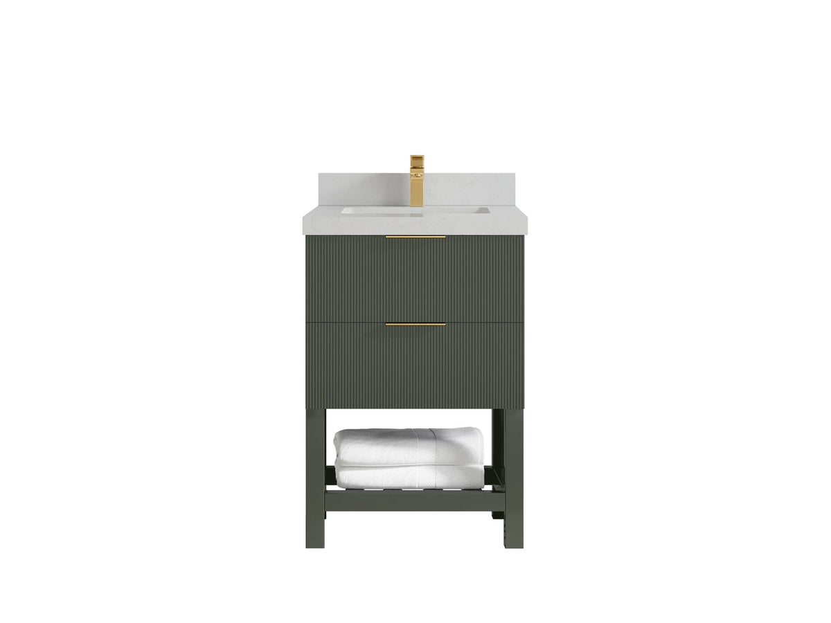 Catalina 24-inch bathroom vanity in deep green with a white countertop featuring subtle pale gray veining, front view