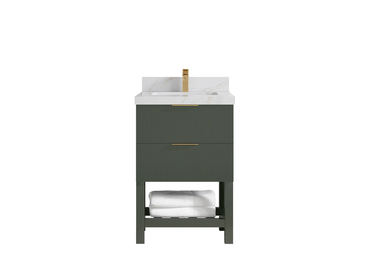 Catalina 24-inch bathroom vanity in deep green with a white countertop featuring fine gray and gold veining, front view