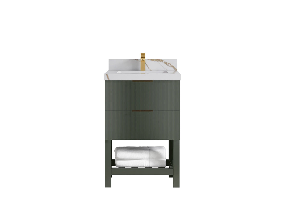 Catalina 24-inch bathroom vanity in deep green with a white countertop featuring bold gray and gold veining, front view