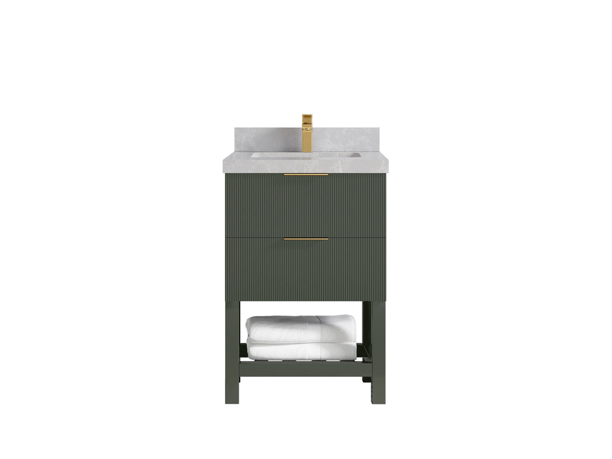 Catalina 24-inch bathroom vanity in deep green with a light gray cloudy-pattern countertop, front view
